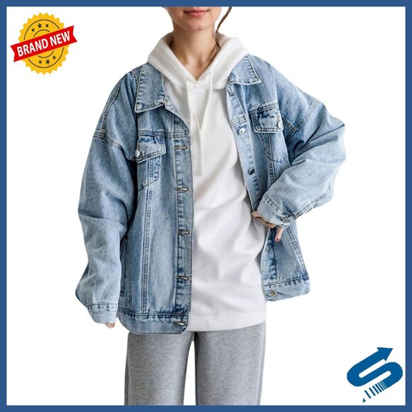 Oversized Denim Jacket Boyfriend Fit Long Sleeve Button Front